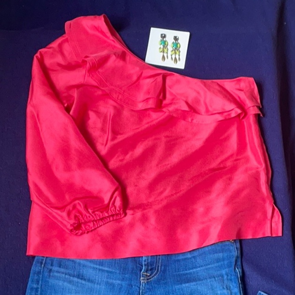 One Shoulder Ruffle Neck Pink Silk Top